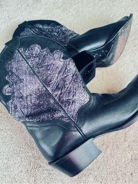 JB DILLON Women’s Black Leather Western Boots with Purple Embossed Shaft